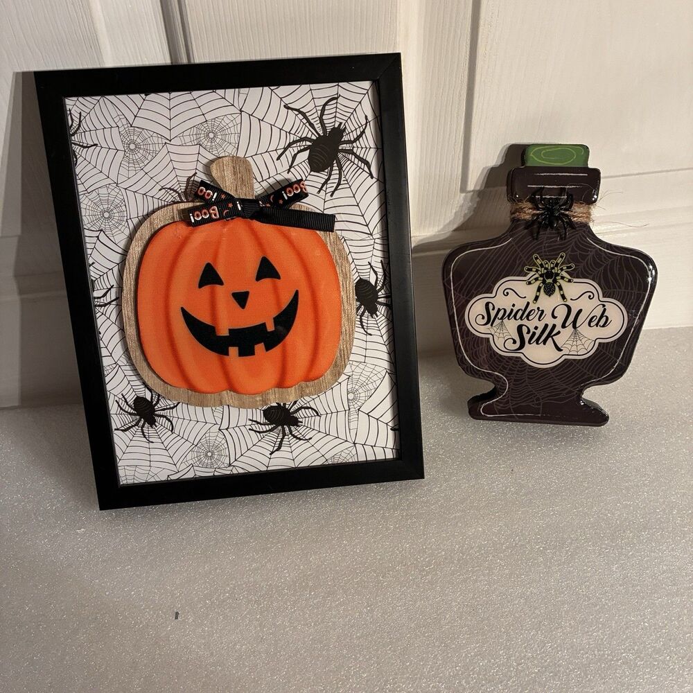 Halloween Jack-O-Lantern On Spider Web Frame, Wood Bottle W/ SPIDER WEB SILK.